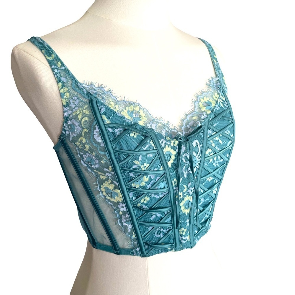 NWT Victoria's Secret Dream Angels Teal Lace Floral Corset Medium - Picture 2 of 10